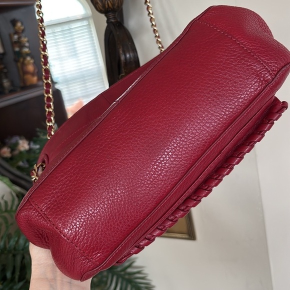 Tory Burch Genuine Leather Red Saddle Bag Gold Tone Chain Woven Shoulder Purse - Picture 6 of 16
